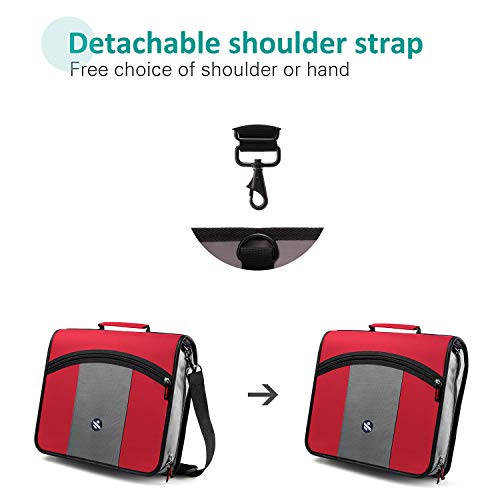 3-Inch Zipper Binder, 3 Round Rings Binder with Expanding File and Shoulder Strap, Red - Thumbnail 5