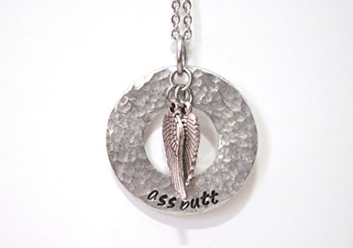 angel wings textured necklace with custom text on stainless steel chain with lobster clasp