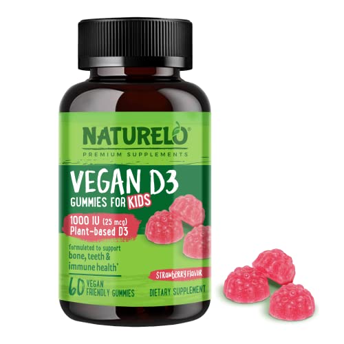 NATURELO Vegan D3 Gummies for Kids - 1000 IU Vitamin D3 - Plant-Based Whole Food Supplement for Children 4 and Older - 60 Vegan-Friendly Gummies