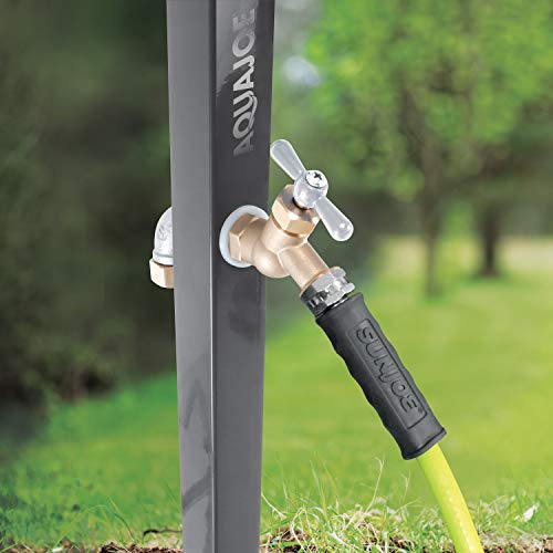 Aqua Joe SJSHSBBGry Garden Hose Stand with Solid Brass Faucet w/Quick