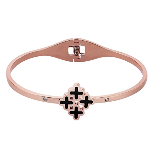 KnBoB Stainless Steel Bracelet Women Four Black Flat Cross Rose Gold Bangle