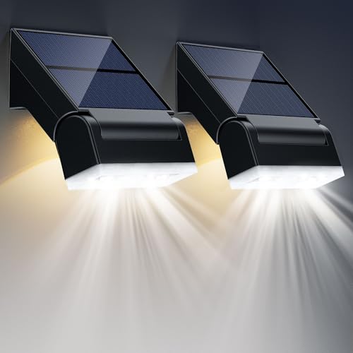 Giliwosy Outdoor Solar Lamp, 90° Adjustable Outdoor LED Floodlight with Motion Sensor and Night Light, IP65 Waterproof Solar Light for Garden, Wall, Garage Decoration (2 Pieces)