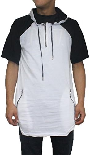 Mens Elongated Short Sleeve Pullover Sweatershirt Size Zipper and Hoodie (Medium, White)