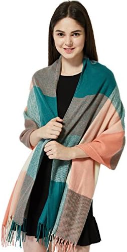 Womens Fashion Long Tassels Plaid Blanket Scarf Wrap Shawl, Big Grid Scarf ,Winter Warm Scarf-Best Christmas Gift for Friends and Family (pink-gray)