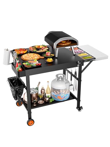Outdoor Pizza Oven Table, Expansive Countertop Pizza Oven Stand for Party, Movable Kitchen Cooking Prep BBQ Cart with Wheels, Solid and Sturdy Grill Table, Fits Ooni Blackstone Ninja Cuisinart Gozney