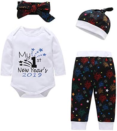 MAMOWEAR My First New Year's 2019 Clothes Sets Baby Romper Firework Pants Hat with Headband Outfit