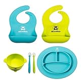 Baby & Toddler Feeding Set - 2 Pocket Food Catching Bibs, 2 Spoons, Placemat Suction Plate & Bowl | BPA Free Silicone | Safe for Children | Waterproof Spill Resistant Easy Cleaning
