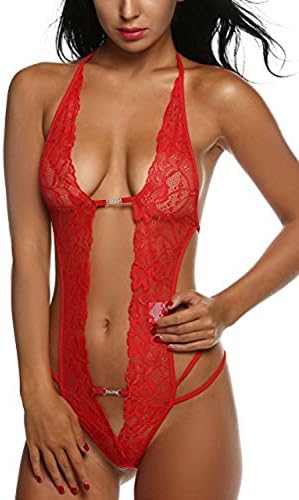 VOTEKI Sexy Deep V Halter Lingerie Lace Babydoll Mini Bodysuit for Women (2XL, Red)