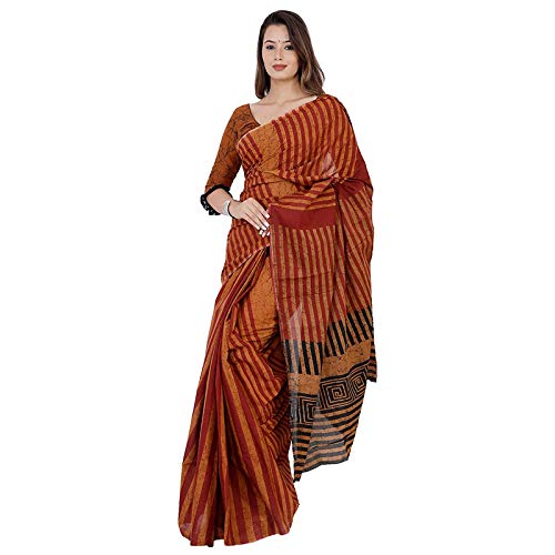 Woman Hand Block Printed Jaipuri Print Cotton Mulmul Saree with unstitched Blouse