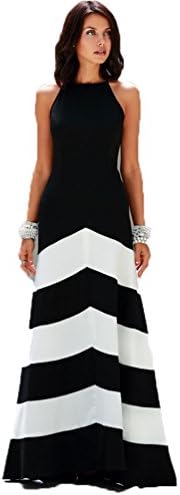 Ruideng Womens Classy Halter Black White Striped Party Evening Maxi Dresses (XXL)