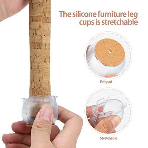 32pcs Furniture Silicon Protection Cover, Transparent Chair Leg Caps Floor Protectors with Felt Pads, Anti-Slip Lotus Mouth Table Feet Covers Protection Bottom Cover Prevents Scratches and Noise