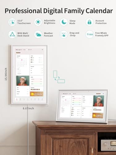 Digital Calendar 15.6 Inch - Smart Chore Chart & Wall Planner, No Subscription Electronic Calendar for Family, Meals, Photo Display, Wall/Desk Mount, Touch Screen, Gifts for Women Men, Gifts for Mom