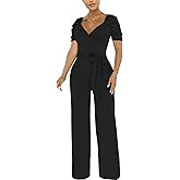 PaladMom Womens Elegant Plus Size Jumpsuits Sexy Back zipper Short Sleeve Mid Waist Wide Leg Straight Rompers