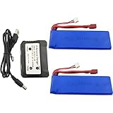 Fytoo 2PCS 7.4V 2200mah Lithium Battery with 2 in 1 Charger for WLtoys K949 10428 10428-A L202 RC high-Speed Remote Control car Upgraded Lithium Battery high-Rate T-Type Plug Battery