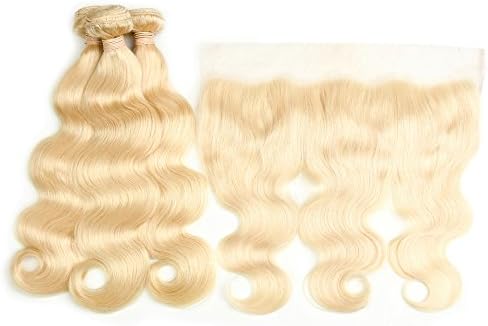 DACHIC 613 Blonde Human Hair 3 Bundles with Frontal 9A Brazilian Body Wave with Frontal 100% Virgin Human Hair Weave with Lace Frontal (14 16 18+12)