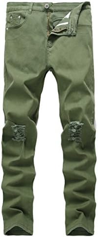 Men's Army Green Skinny Ripped Slim Fit Stretch Designed Destroyed Denim Jeans, Army Green, W31
