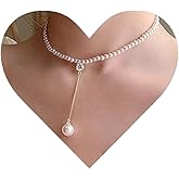 Allereyae Vintage Pearl Y Drop Necklace Crystal Pearl Choker Necklace Rhinestone Pearl Y Lariat Necklace Pearl Long Necklace Chain Jewelry for Women