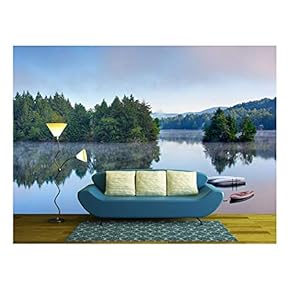 a Lake in The Early Morning with Fog on The Water. a Boat and Dock are in The Foreground. - Removable Wall Mural | Self-Adhesive Large Wallpaper - 66x96 inches