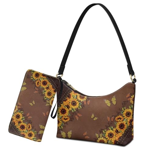 Sannovo Sunflower Butterfly Leather Tote Bag with Wallet Set for Women Small Hobo Handbags Underarm Purses for Women Sling Zipper Shoulder Bags for Dating Gift for Mom Wife Girlfriend at Amazon