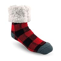 Pudus Lumberjack Red Cozy Winter Slipper Socks for Women and Men with Non-Slip Grippers and Faux Fur Sherpa Fleece - Adult Regular Fuzzy Socks