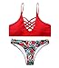 Sign Red Floral Print Criss Cross Bikini Set, Medium