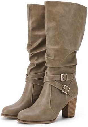 Ermonn Winter Boots for Women Mid Calf Chunky Stacked Heel Side