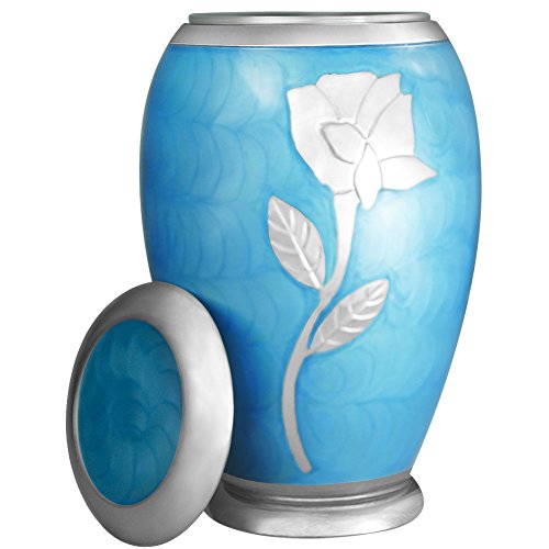 MEILINXU - Funeral Urns for Adults Ashes, Cremation Urn for Human Ashes - Memorials Urns for Ashes - Display Burial Urn at Home or in Niche at Columbarium (Ascot Blue with Silvery Rose, Large Urn
