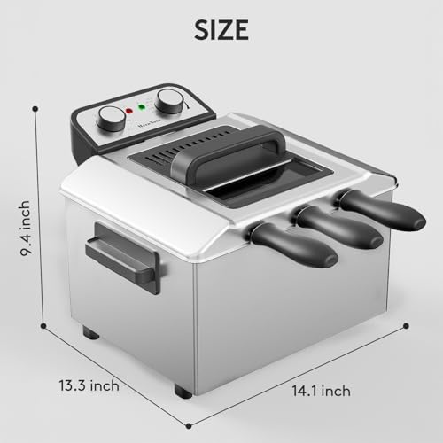 MaznNovo 1800W Deep Fryer with 3 Basket, 5.3QT/21Cup Electric Oil Fryer for Home Use with See-through Window Lid, Adjustable Temperature (Metal Silvery)