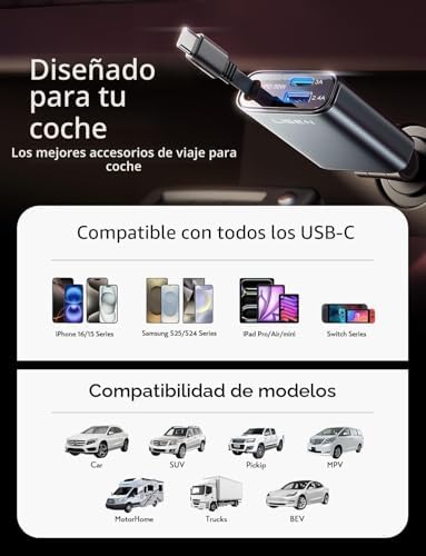 LISEN [Fiat Essentials] Carregador Retrátil Rápido Carro 57W USB Carregador Isqueiro Carregador Simultâneo Rápido Isqueiro Acessórios Automotivos Car Gadgets para iPhone 16 15 Pro Max Samsung Xiaomi