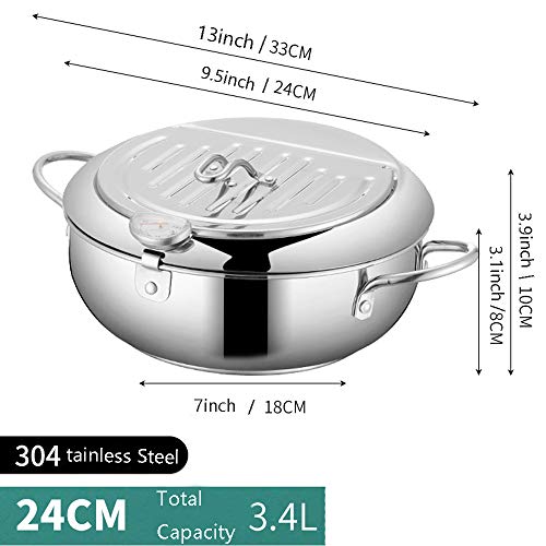 Tempura Frying Pot, Japanese Style 304 Stainless Steel Deep Fryer Pan With Thermometer,Lid And Oil Drip Drainer Rack for Turkey Legs, Chicken Wings, French Frise (24cm/9.4inch)