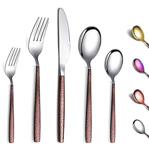 Berglander Juego de cubiertos de 30 piezas con mango de superficie lunar y cabeza dorada brillante con revestimiento de titanio acero inoxidable cuberteria de plata de utensilios Servicio para 6