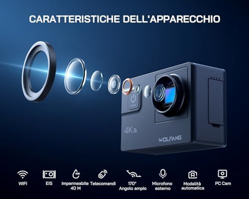 GA300 Action Cam 4K, Fotocamera Subacquea 40m Impermeabile con Scheda 32GB, WiFi 60FPS 24MP, 8x Zoom Grandangolo 170° EIS, Touchscreen, 2 Batterie 1350mAh, Doppio Microfono