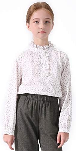 Girls White Blouse Ruffle Long Sleeve Button Down Shirts Princess Cotton Loose Soft Tops Spring and Summer 3-14Y