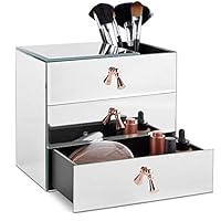 Beautify Mirrored Glass Cosmetic Makeup Jewelry Organizer with 3 Drawers and Makeup Brushes Section Includes Glass Cleaning Cloth and Rose Gold Handles