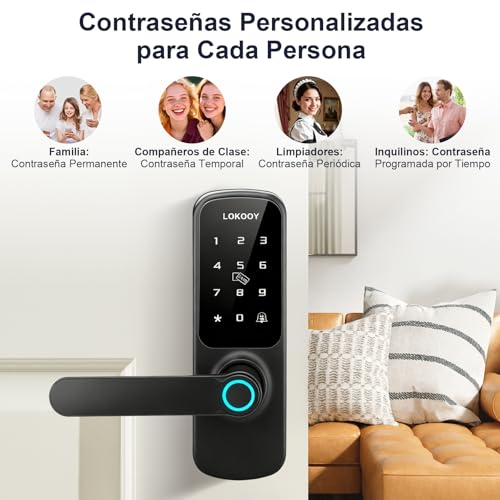 LOKOOY Cerradura Inteligente D1, 5 Métodos de Apertura, TTLOCK App Bluetooth, Huella Digital, Tarjeta IC, Contraseña, Llave física, Apto para 30 mm a 75 mm