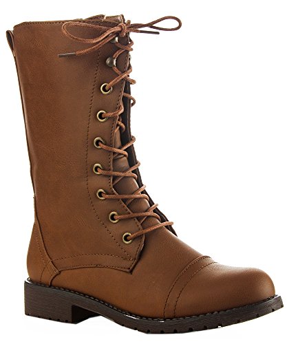 ROF Vegan Leather Lug Heel Ankle to Mid Calf Lace Up Zipper Closure Combat Military Motorcycle Boots Booties with Hidden Pocket CAMEL PU-P ( 8.5 )
