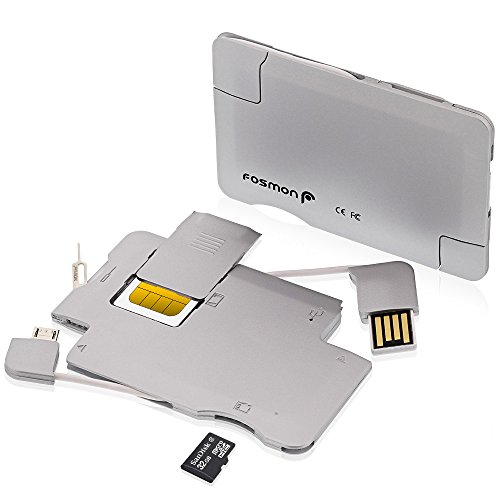 Fosmon 7-in-1 Multi-Functional Portable Data Card [Micro USB & USB 2.0 Sync Charge Cable | Micro SD/TF Card Reader Data Storage | SIM Card Storage | Sim Eject Tool | Screen Cleaner] - Silver