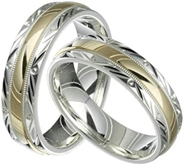 2 Tone Sterling Silver and 10k Yellow Gold 6 MM Wide Wedding Band Ring Set Him and Her