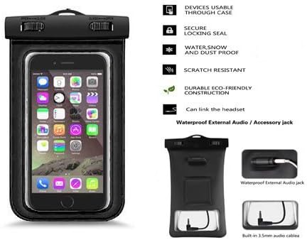 Floatable Waterproof Case Bag, Underwater Pouch Bag With [Headphone Audio Jack, Armband, Neck Strap] for iPhone, Samsung Galaxy , HTC, Passport, Wallet, and other upto 6 Inch Smartphones. (Black)