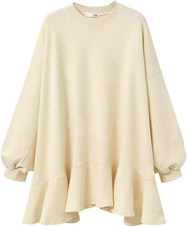 Xmiral Women Top Blouse Loose Round Neck Rags Ruffled High and Low Hem Cute Bottoming