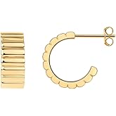 DIAMANTIO 18K Gold Plated Ribbed Hoop Earrings – Modern Scallop-Edged Huggie Stud Hoops for Women, Minimalist Statement Jewelry