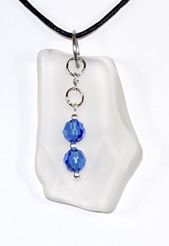 White Sea Glass Pendant w/ Sapphire Blue Swarovski Crystal Charm. Sapphire is the Birthstone Color for September. Orders Ship with a Waxed Cotton Necklace and Proper Gift Box. Item: AMZN017-WHT