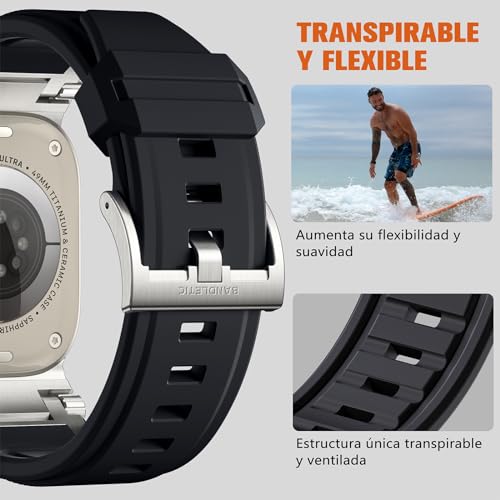 Bandletic R-Steel Strap Compatible with Apple Watch Ultra 2/Ultra 49mm, Series 9/8/7 45mm, Series SE2/6/SE/5/4 44mm, Robust FKM Replacement Bracelet with Elegant Design Metal Connector, Black