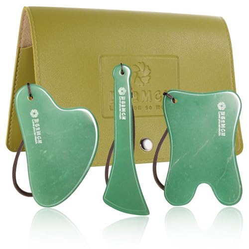 Lusomch 3PC Gua Sha Tools Set - Natural Nephrite Jade Facial & Body Stones, Hypoallergenic Skin Care Kit with Adjustable Cord & A Thoughful Acessory Pouch