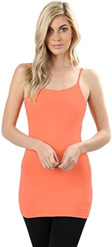 Women's Long Tank Camisole Top with Adjustable Spaghetti Straps and Built-in Bra (Coral, Medium)