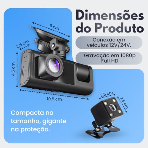Câmera Veicular 3 Lentes Full HD 1080p, Gravação 360°, Visão Noturna, Sensor G, Detecção de Movimento, Tela LCD, Suporte 32GB