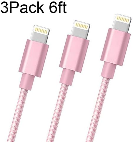 Koharu Lightning Cable,3Pack 6FT Nylon Braided iPhone Cable Cord Certified to USB Charging Charger for iPhone 7/7 Plus/6/6 Plus/6S/6S Plus,SE/5S/5,iPad,iPod Nano 7 (Pink&amp;White)