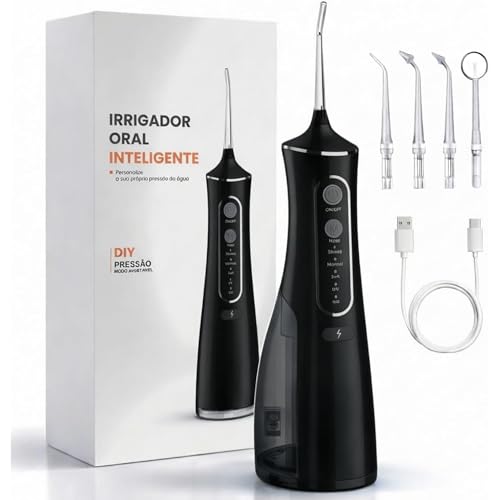 Irrigador Oral & Bucal Portátil Recarregável -Tanque 300ml - Limpeza Profunda com 4 Níveis de Pressão, 4 Ponteiras, À Prova d’Água - Jato Dental Ideal para Aparelhos Ortodônticos, Implantes e Gengivas (Preto)