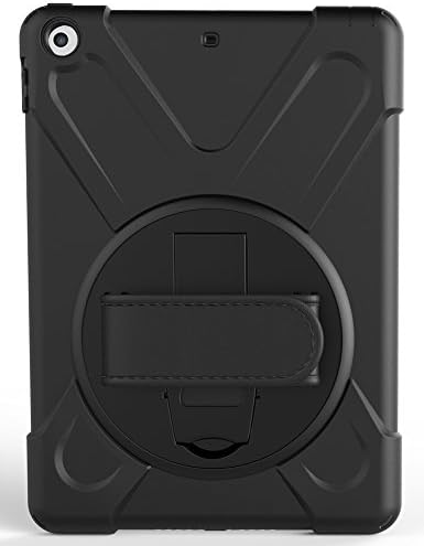 New iPad 9.7 2017/2018 Rotating Kickstand Case with Hand Strap Handle and Shockproof Back Cover (Black)