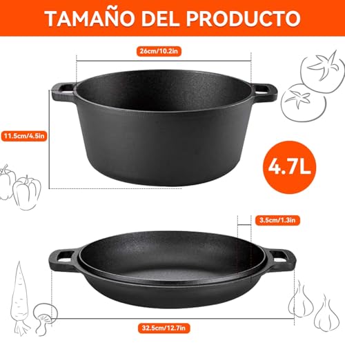 2 En 1 Horno Holandés Hierro Fundido con Tapa,4.7L Olla Holandesa Redonda,Doble Función Horno Espesado,con Mango Y Almohadilla de Silicona,para Varias Estufas,Se puede freír o saltear,Diámetro 26cm